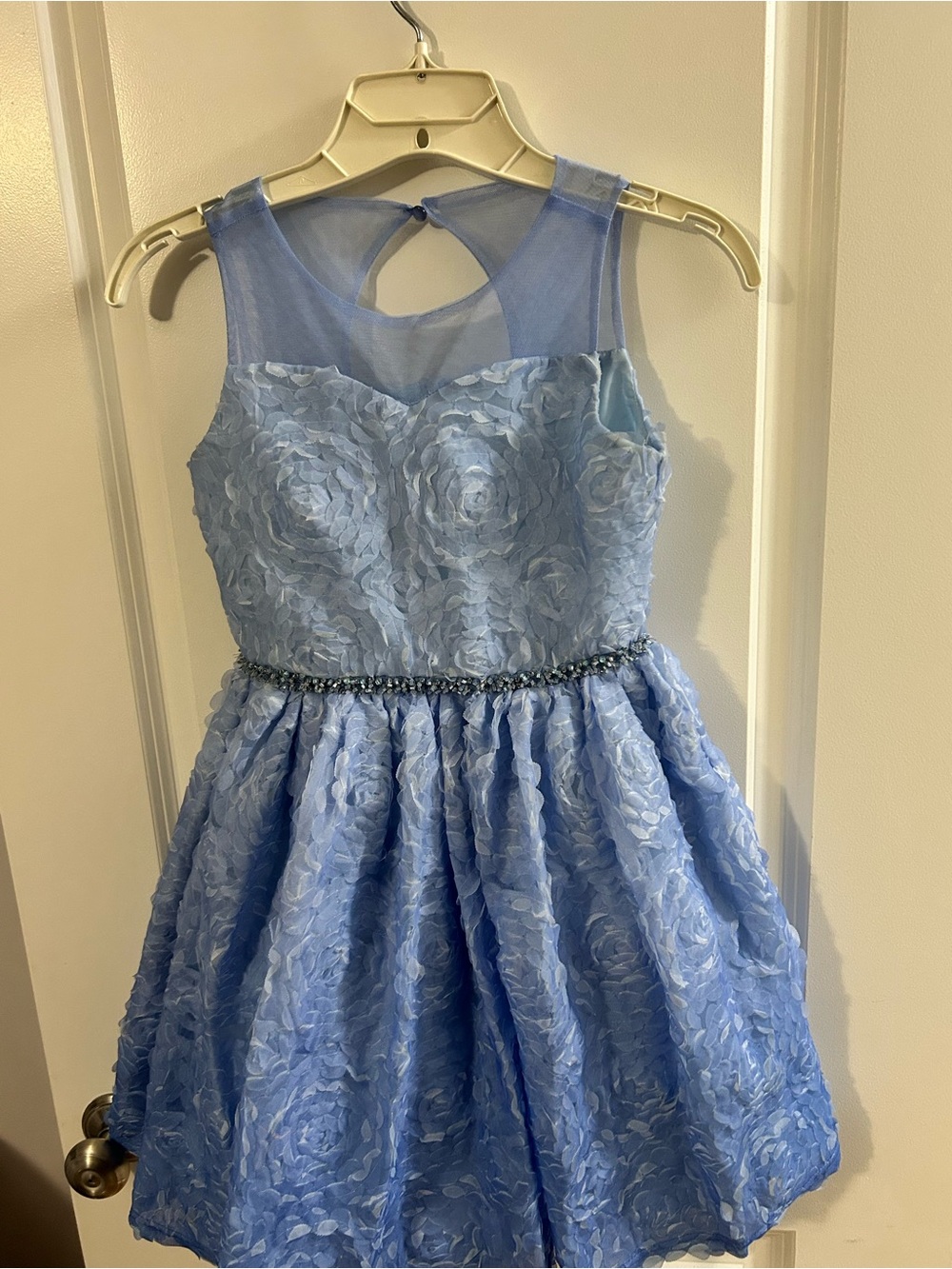Us Angels Blue Floral Applique Dress with Jeweled Waistband
